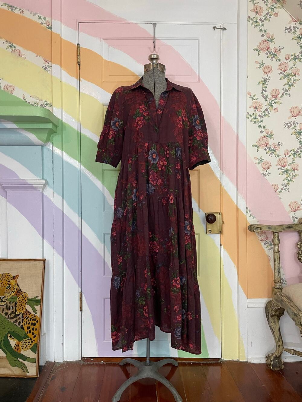 Natural Life Floral Tiered Shirt Dress Burgundy Cottagecore Midi L